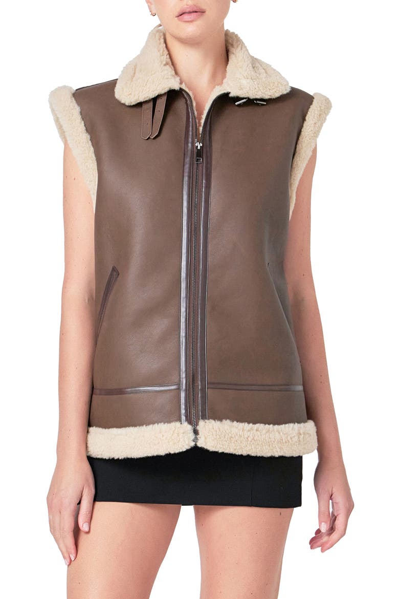 Faux Shearling Lined Faux Leather Vest, Main, color, CHOCOLATE BROWN