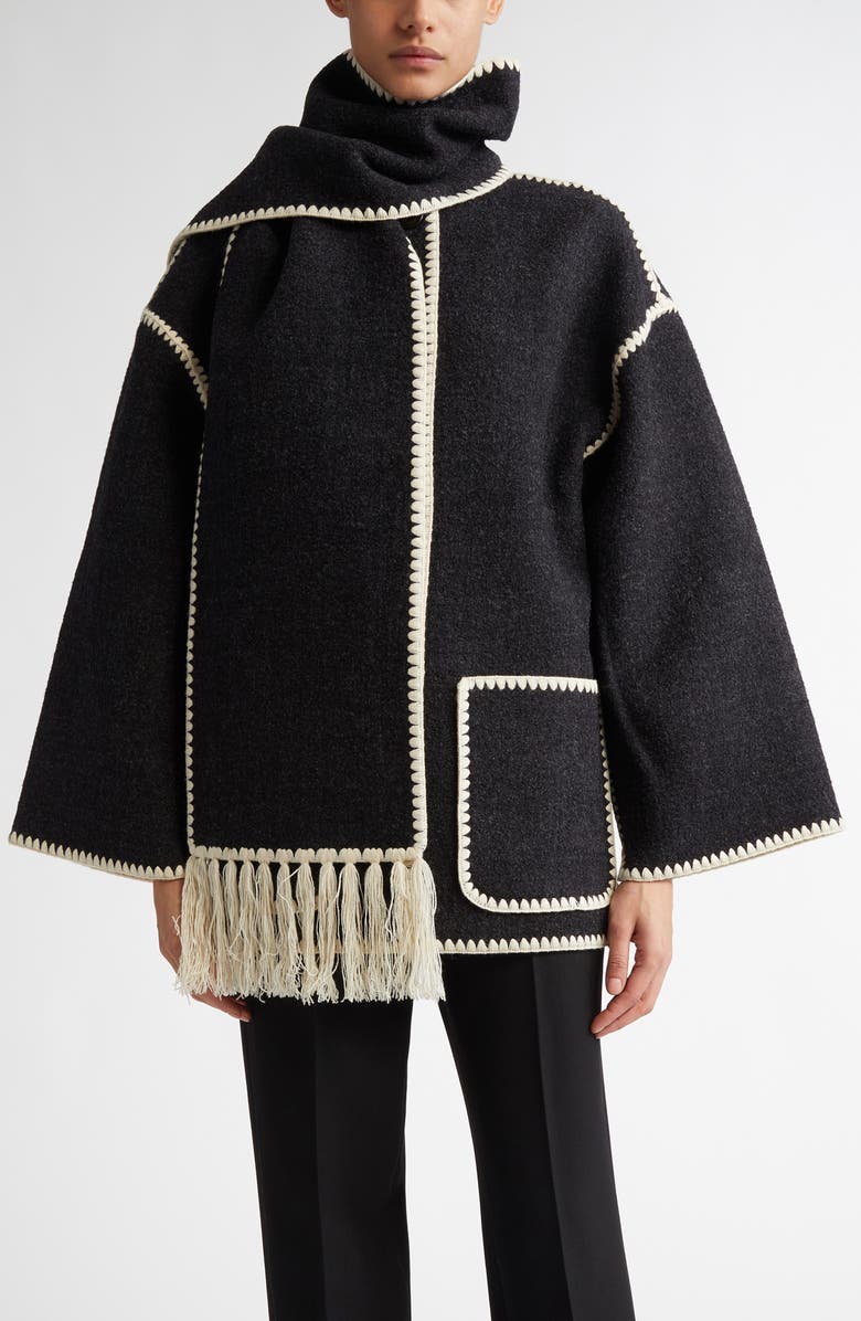 TOTEME Chain Stitch Wool Blend Scarf Jacket, Main, color, Dark Grey Melange 083