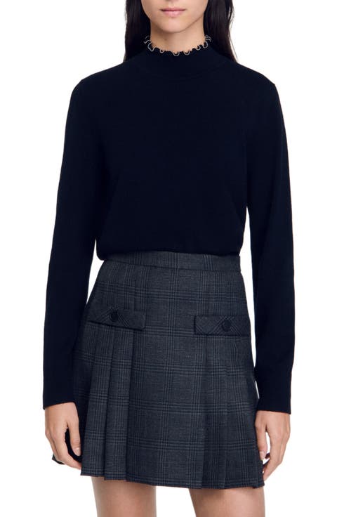 Plaid Straight-Breasted Stitching High-Neck Sweatshirt
