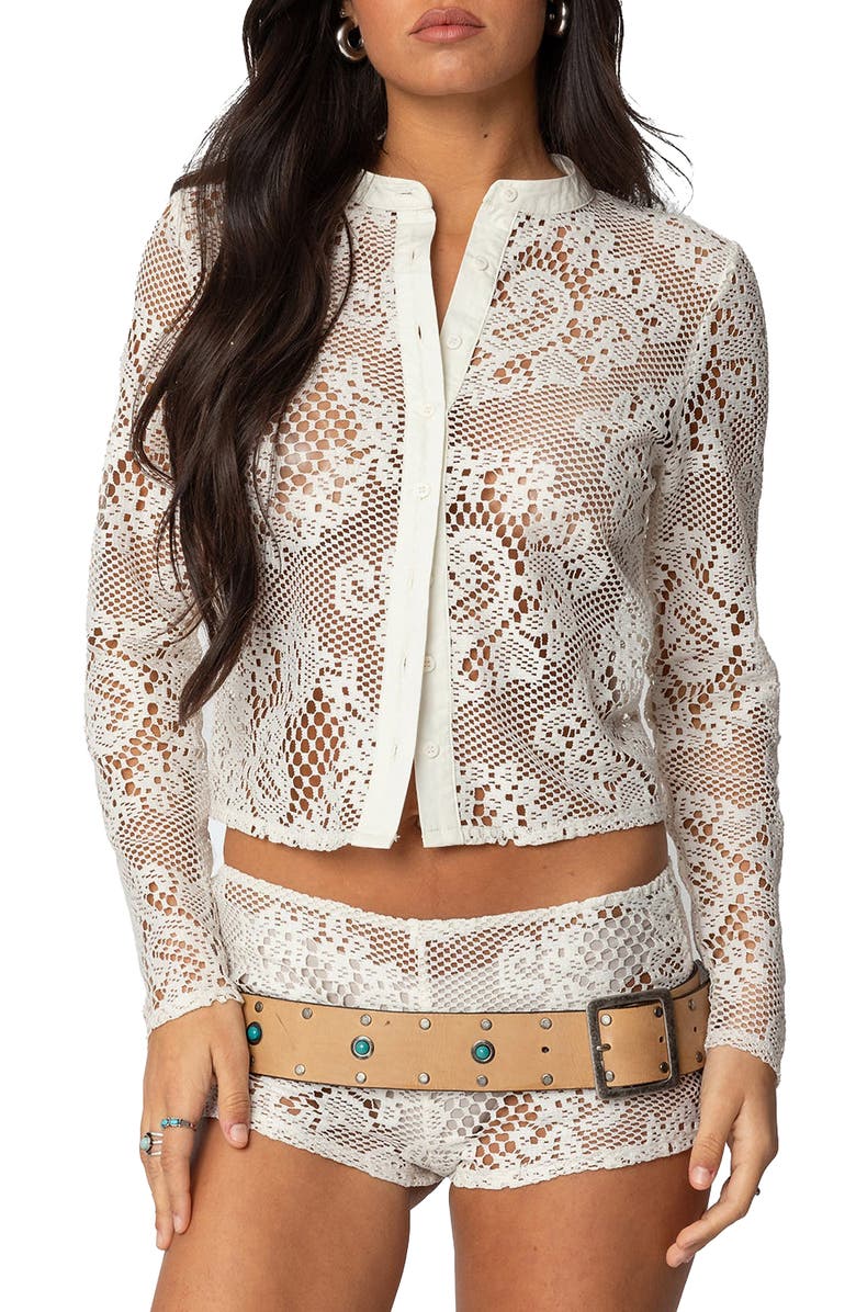 EDIKTED Peyson Sheer Lace Button-Up Shirt, Main, color, Cream