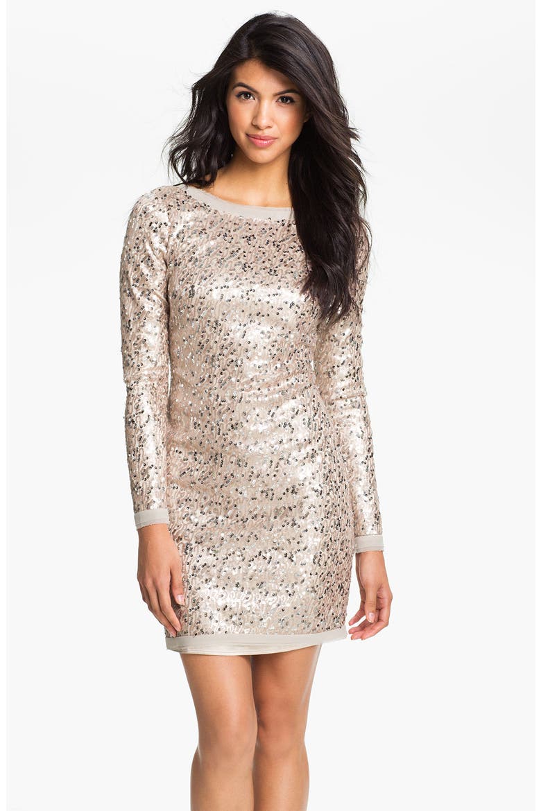 Long Sleeve V-Back Sequin Sheath Dress, Main, color, TAUPE
