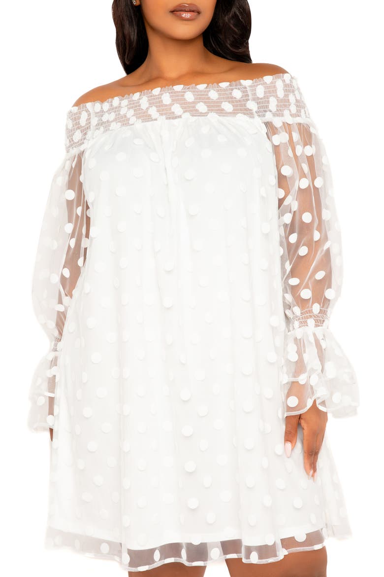 Flock Dot Off the Shoulder Dress, Alternate, color, IVORY