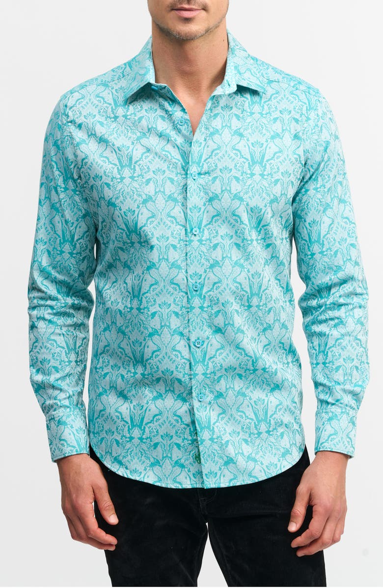 Robert Graham Highland Classic Fit Stretch Cotton Button-Up Shirt, Main, color, Turquoise