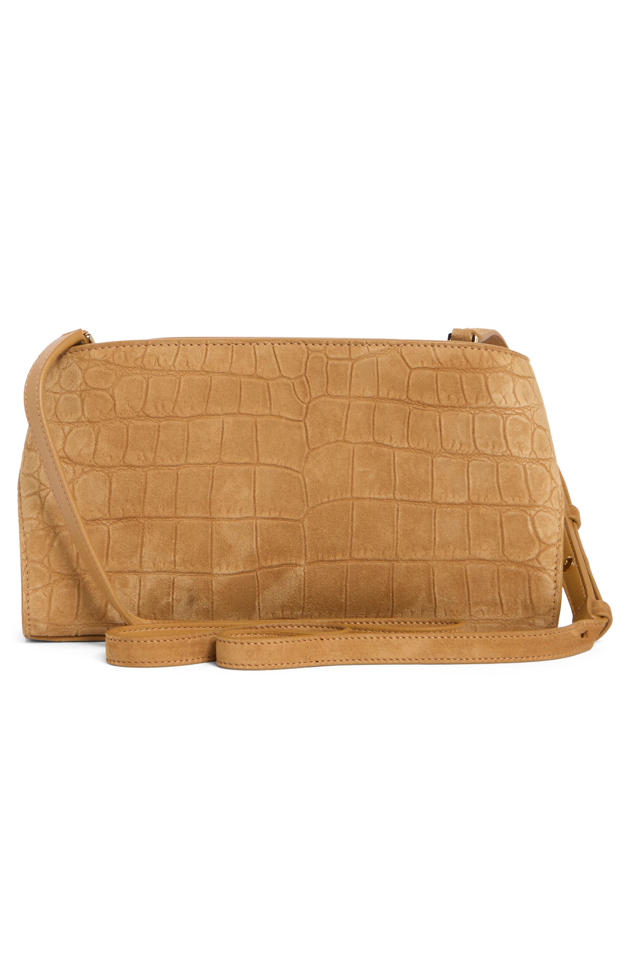 FERRAGAMO Hug Croc Embossed Suede East/West Shoulder Bag, Alternate, color, Naturale