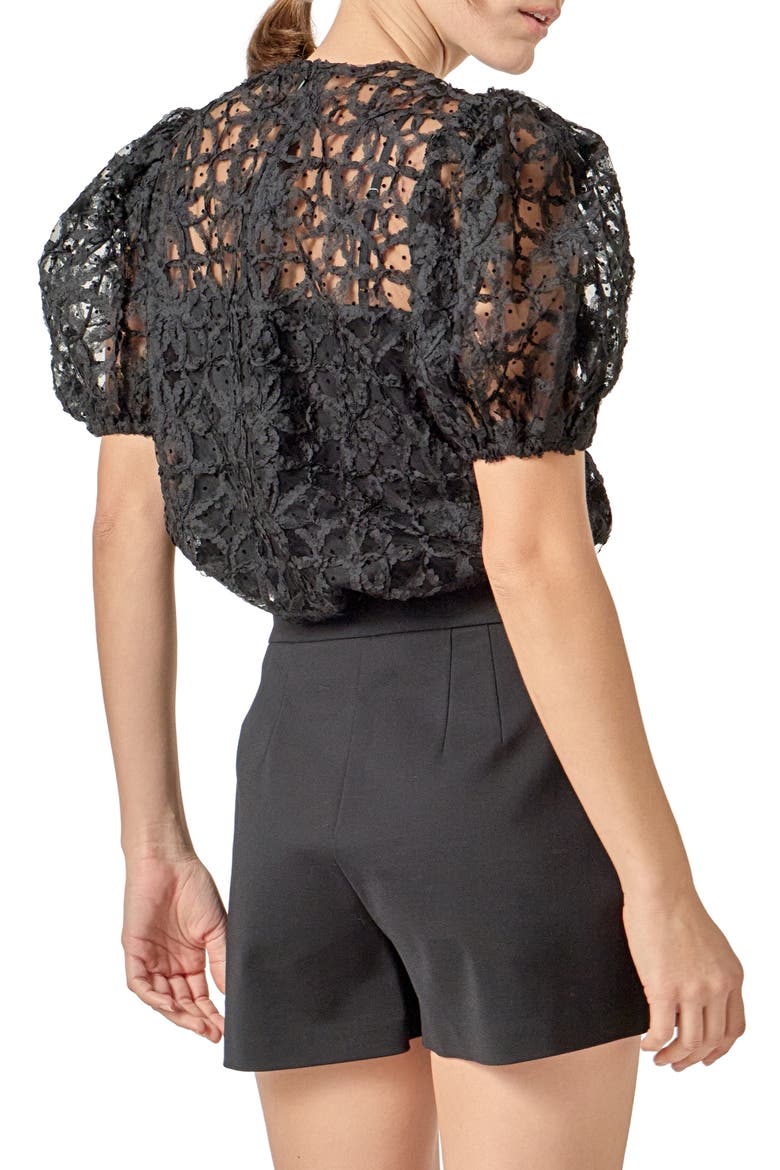 Floral Texture Puff Sleeve Top, Alternate, color, BLACK