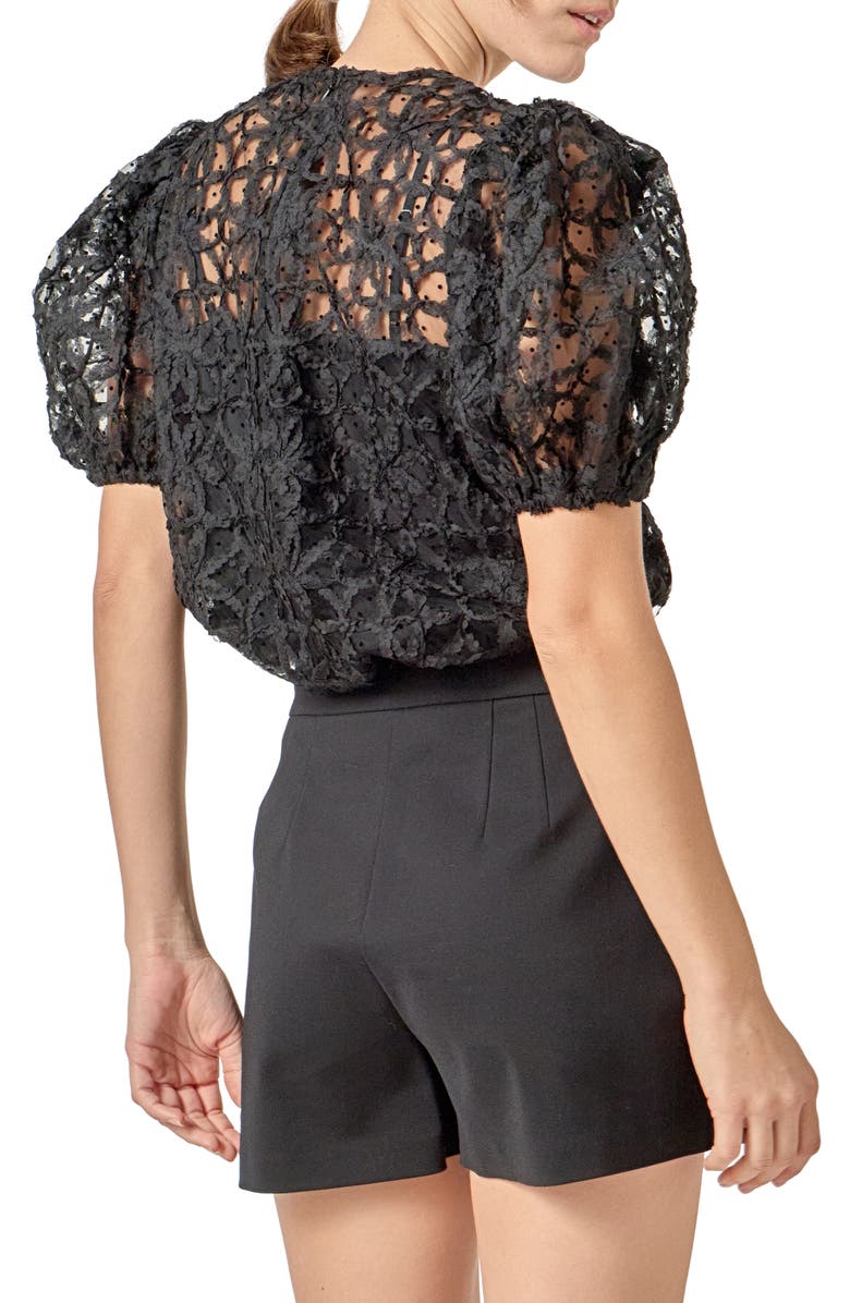 English Factory Floral Texture Puff Sleeve Top, Alternate, color, Black