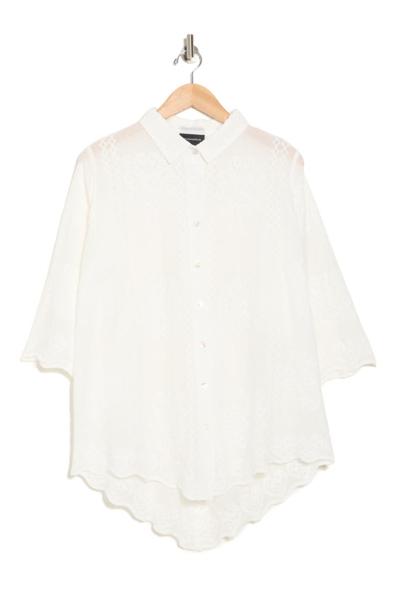 Floral Embroidered Three-Quarter Sleeve Cotton Button-Up Shirt, Alternate, color, WHITE
