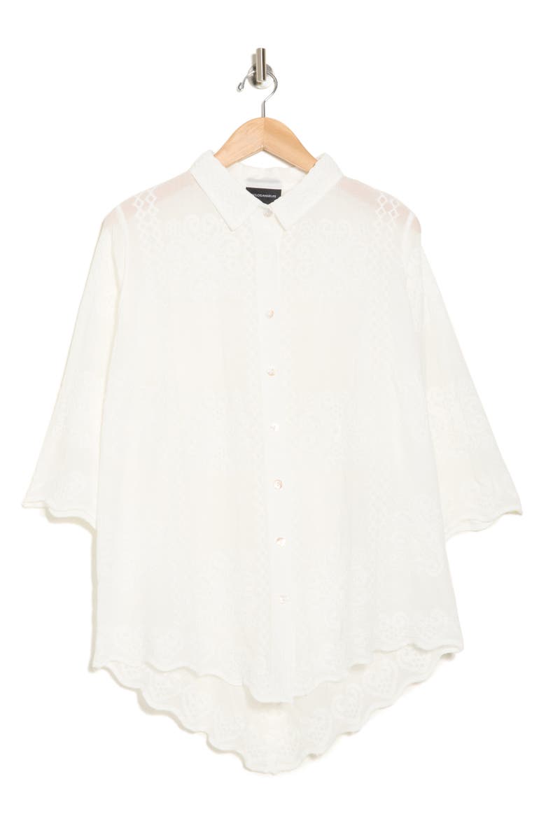 Forgotten Grace Floral Embroidered Three-Quarter Sleeve Cotton Button-Up Shirt, Alternate, color, White