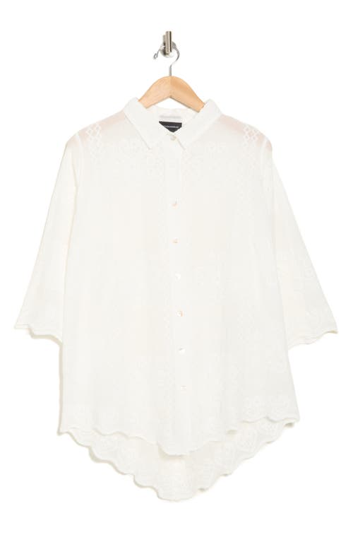 FORGOTTEN GRACE FORGOTTEN GRACE FLORAL EMBROIDERED THREE-QUARTER SLEEVE COTTON BUTTON-UP SHIRT