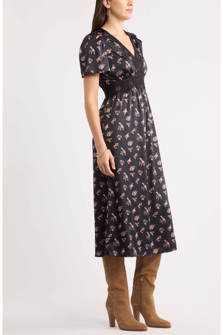 Puff Sleeve Midi Dress, Alternate, color, PINK- YELLOW FESTIVAL FLORAL