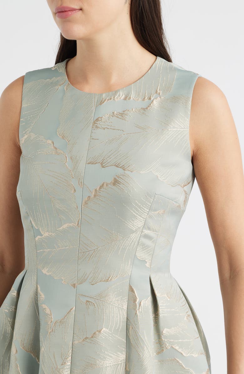 Anne Klein Leaf Jacquard Sleeveless Fit & Flare Dress, Alternate, color, Soft Aloe/ Gold