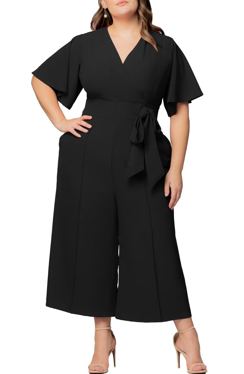 Kiyonna Evelyn Wide Leg Crop Jumpsuit, Main, color, Black Noir