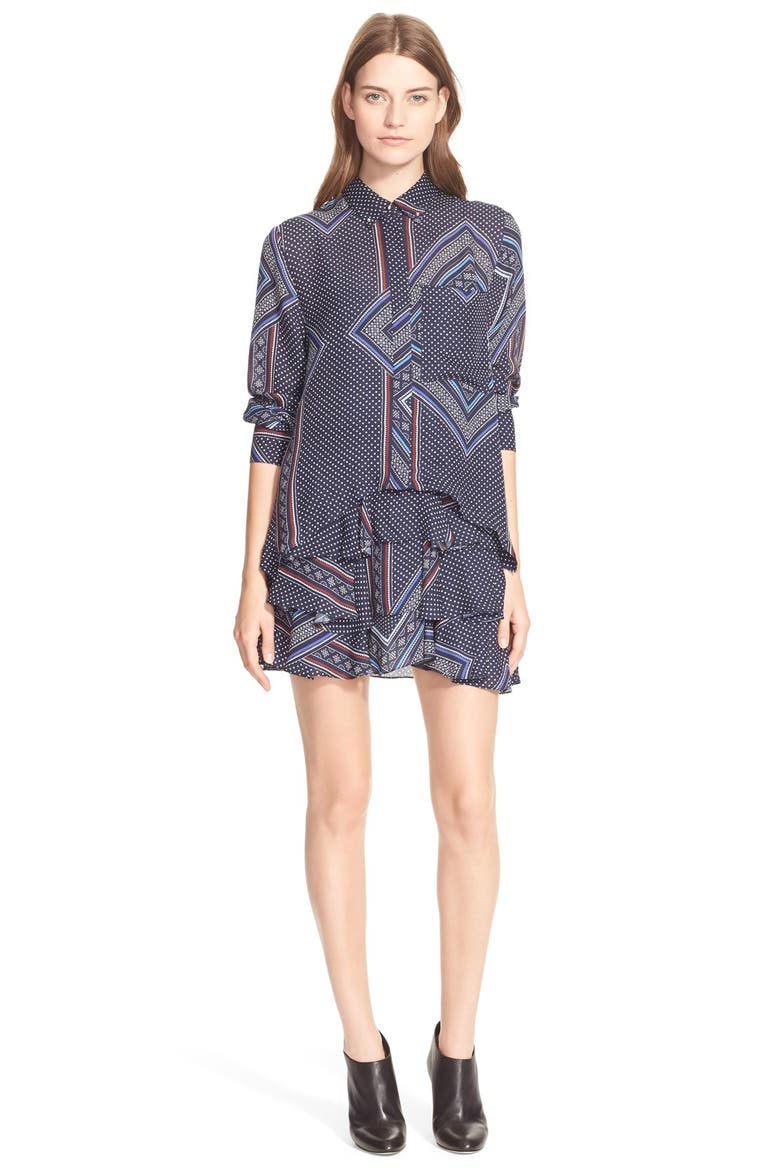 Layered 2-in-1 Ruffle Silk Shirtdress, Main, color, MIDNIGHT MULTI
