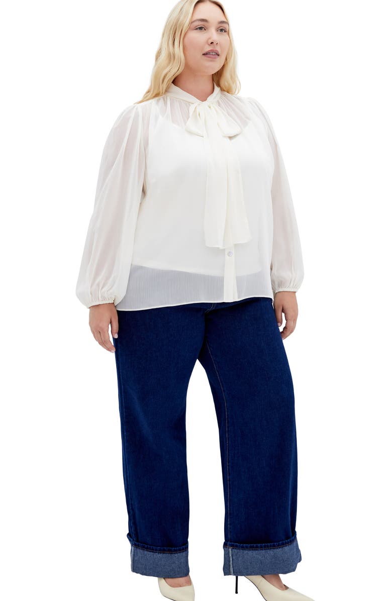 City Chic Seline Tie Neck Chiffon Shirt, Alternate, color, Cream