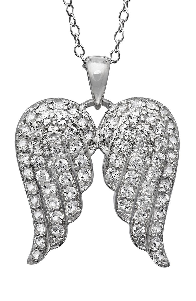 FZN Sterling Silver Pavé Cubic Zirconia Angel Wings Pendant Necklace, Main, color, White