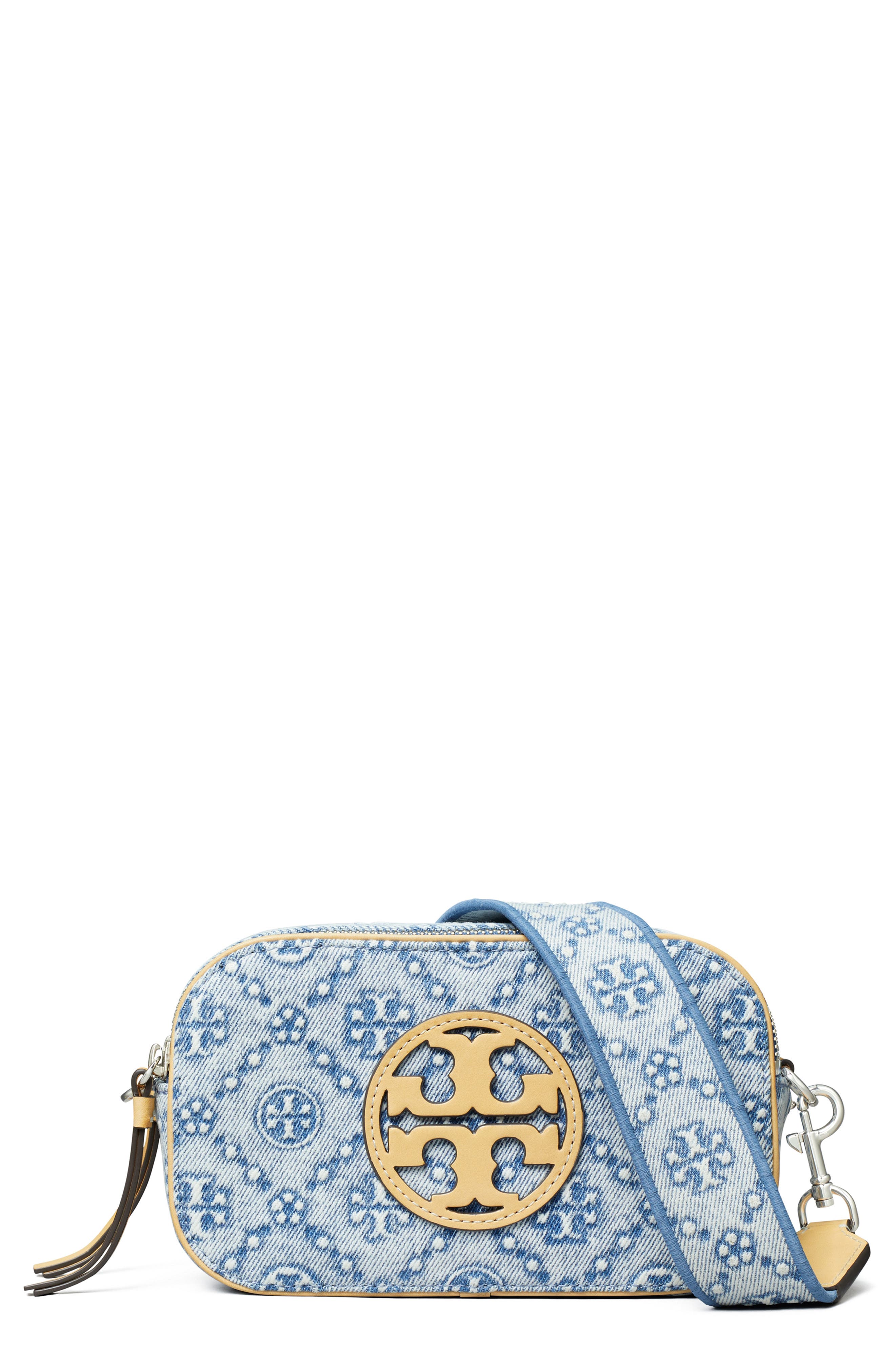 Tory Burch Mini Miller T Monogram Denim Crossbody Bag, Main, color, 