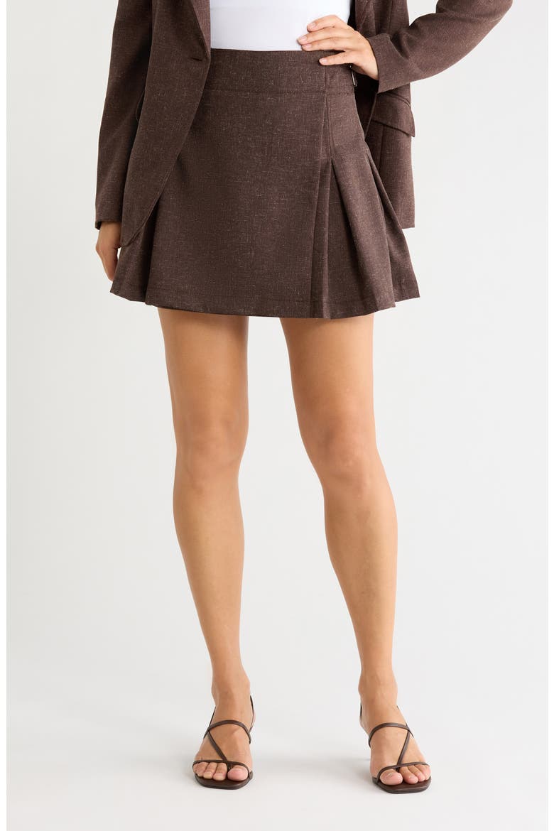 Buckle Wrap Pleated Miniskirt, Main, color, BROWN MELANGE