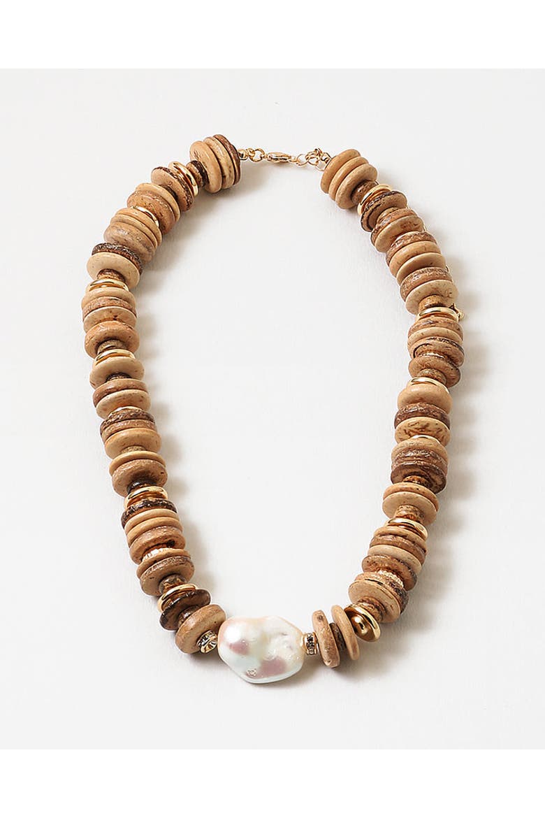 Raw Coconut Wood & Pearl Necklace, Main, color, Brown