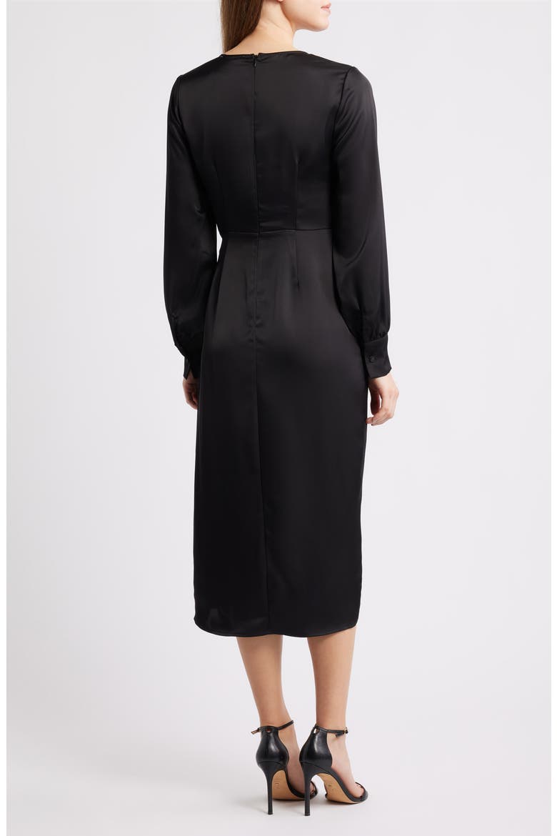 Long Sleeve Faux Wrap Satin Dress, Alternate, color, BLACK