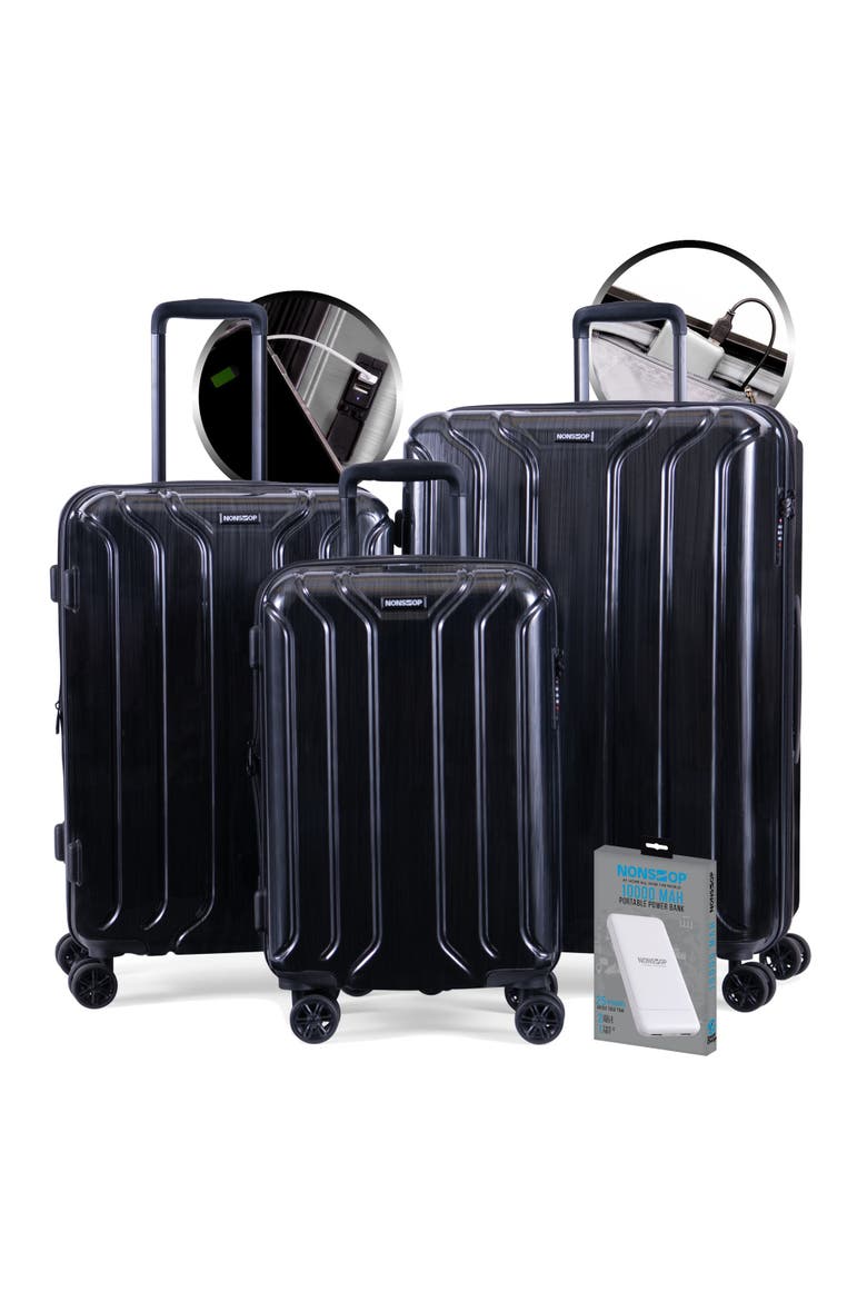 New York Elite 3 Piece (20"/24"/28") Luggage Set With Powerbank & 3 Packing Cubes, Main, color, Black