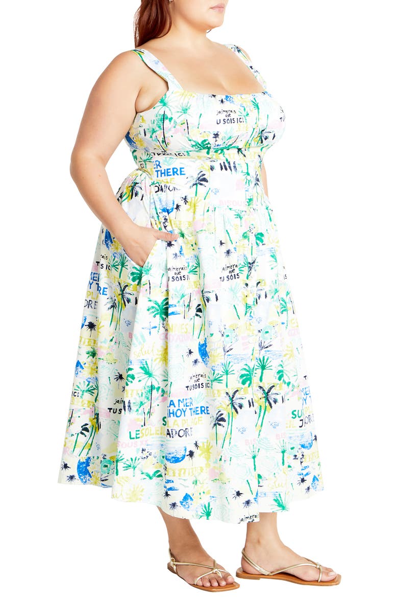 Almay Square Neck Button Front Stretch Cotton Sundress, Alternate, color, GREEN POSTCARDS
