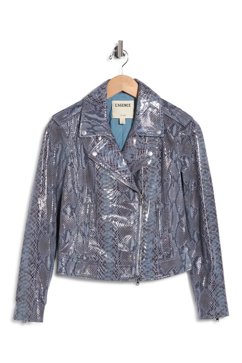 Snakeskin Printed Leather Biker Jacket, Alternate, color, BLUE SNAKE