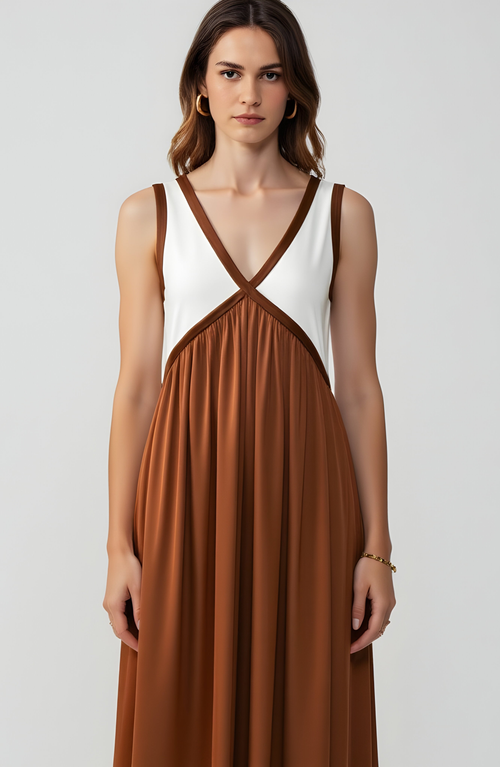 Modenaire Sleeveless Colorblock Maxi Dress With Empire Waist And V-neckline In Multi