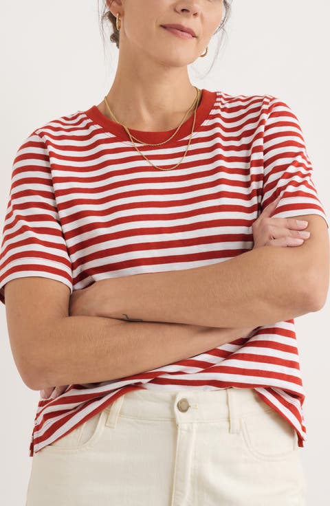 [ MLB ] 女性 VARSITY STRIPE SHORT T-SHIRT Custom Print Women's Varsity V-neck T-shirt Striped Sports