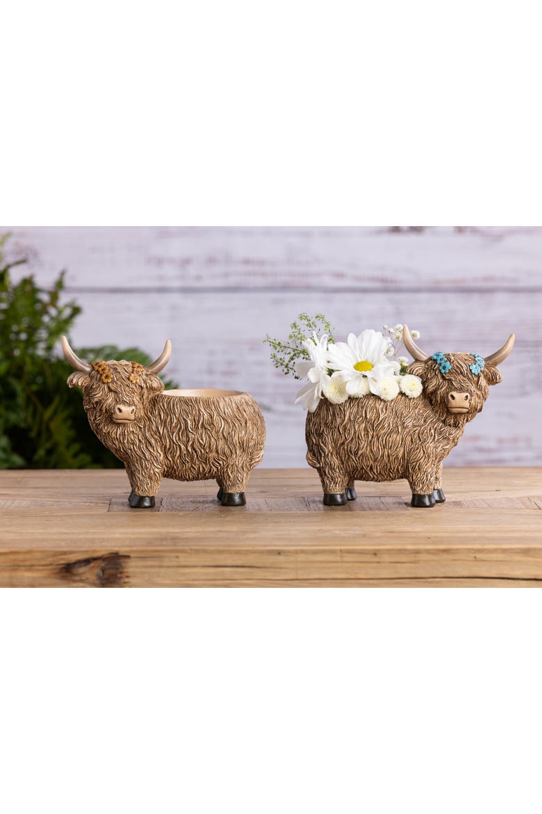 Resin Highland Cow Planter Set of 2 Brown for Spring Garden Decor, Alternate, color, Brown