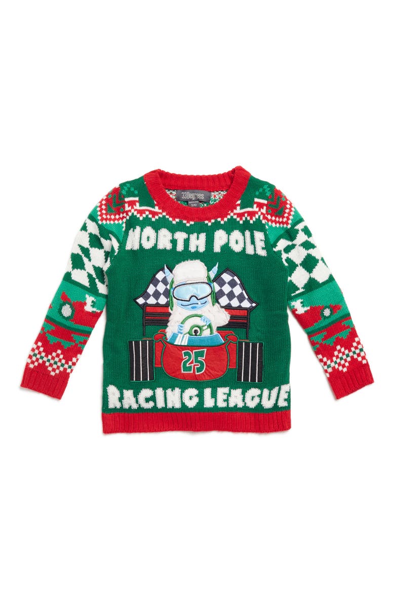Kids' North Pole Racing League Sweater, Main, color, GREEN COMBO HOLIDAY