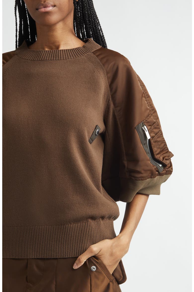Mixed Media Knit & Nylon Twill Cardigan, Alternate, color, BROWN