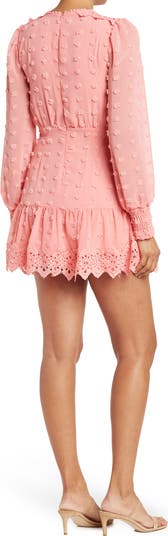 Rina Long Sleeve Dotted Chiffon Lace Trim Dress