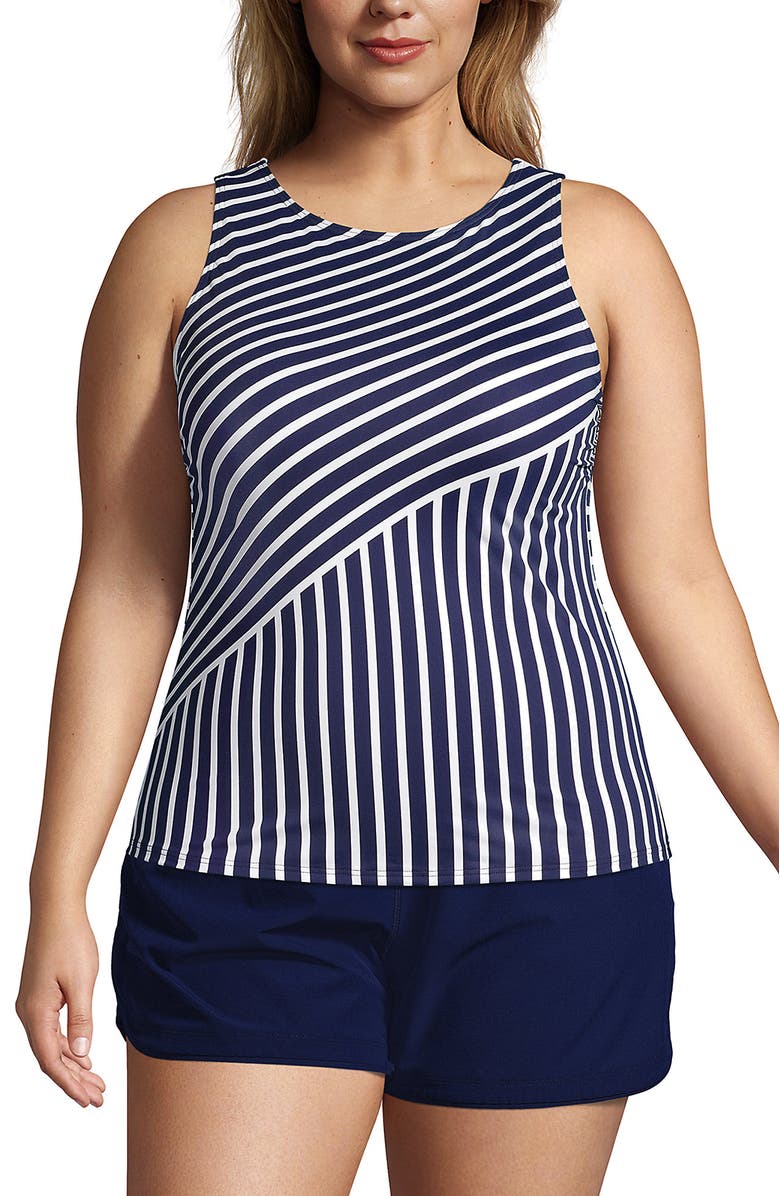 Lands' End High Neck UPF 50 Modest Tankini Top Swimsuit, Alternate, color, Deep Sea Mixed Diagonal Stripe
