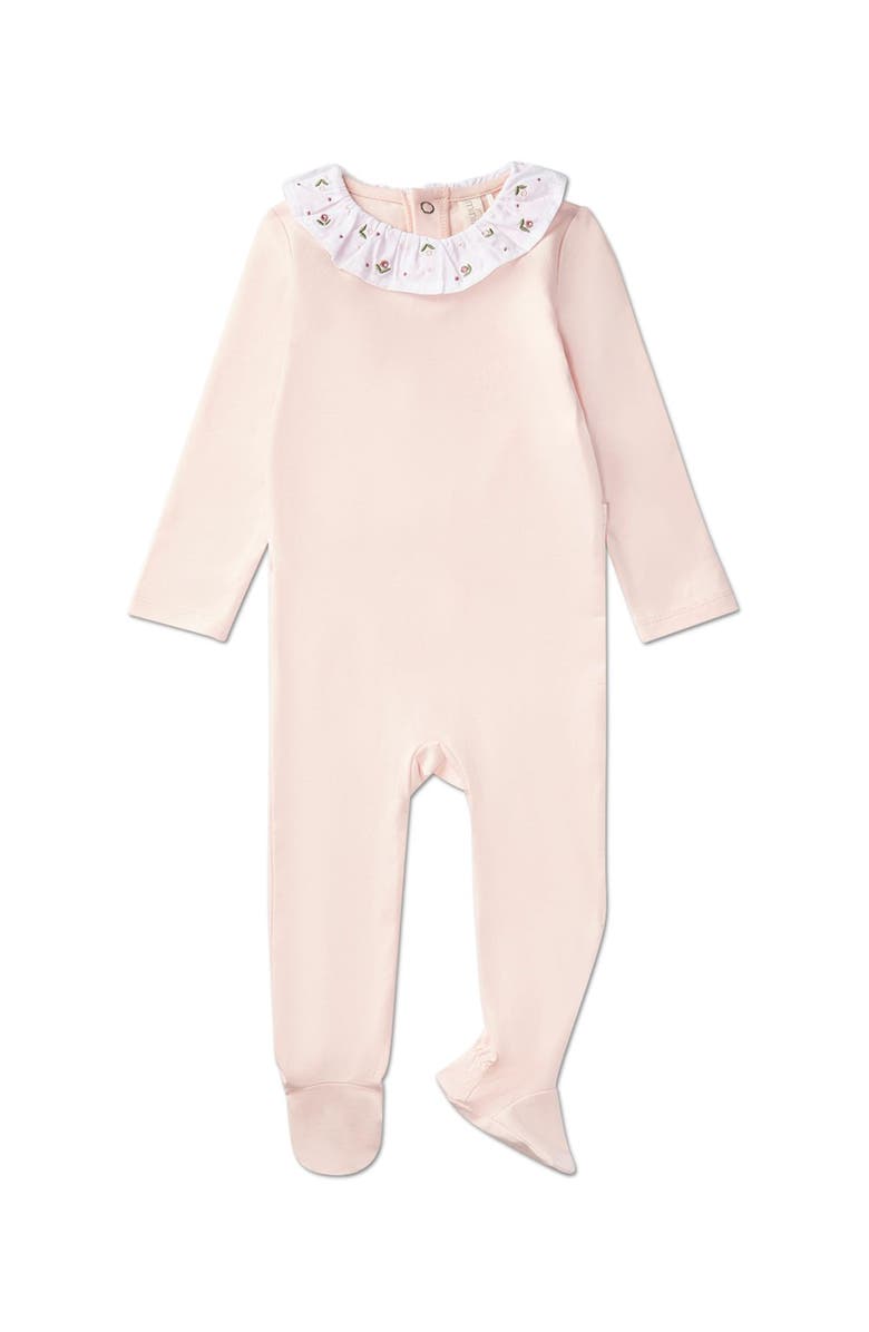 MiniMoi Embroidered Flower Ruffle-Collar Cotton Rich Footie, Main, color, Soft Pink
