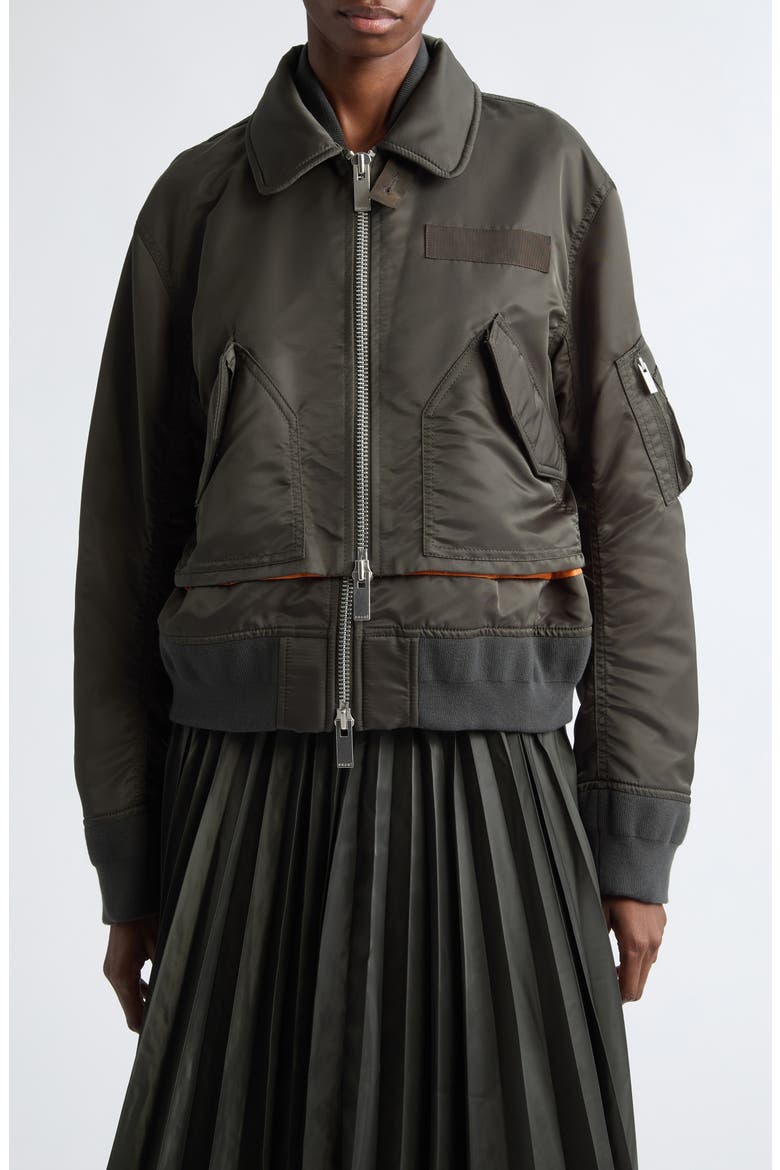 Layered Nylon Twill Bomber Jacket, Main, color, DARK KHAKI