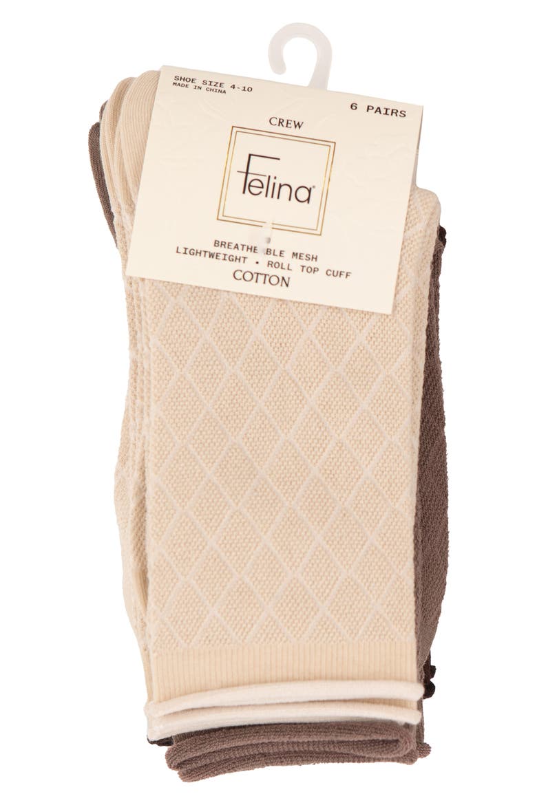 Assorted 6-Pack Textured Mesh Roll Top Crew Socks, Alternate, color, JAVA/ TAUPE/ SHELL