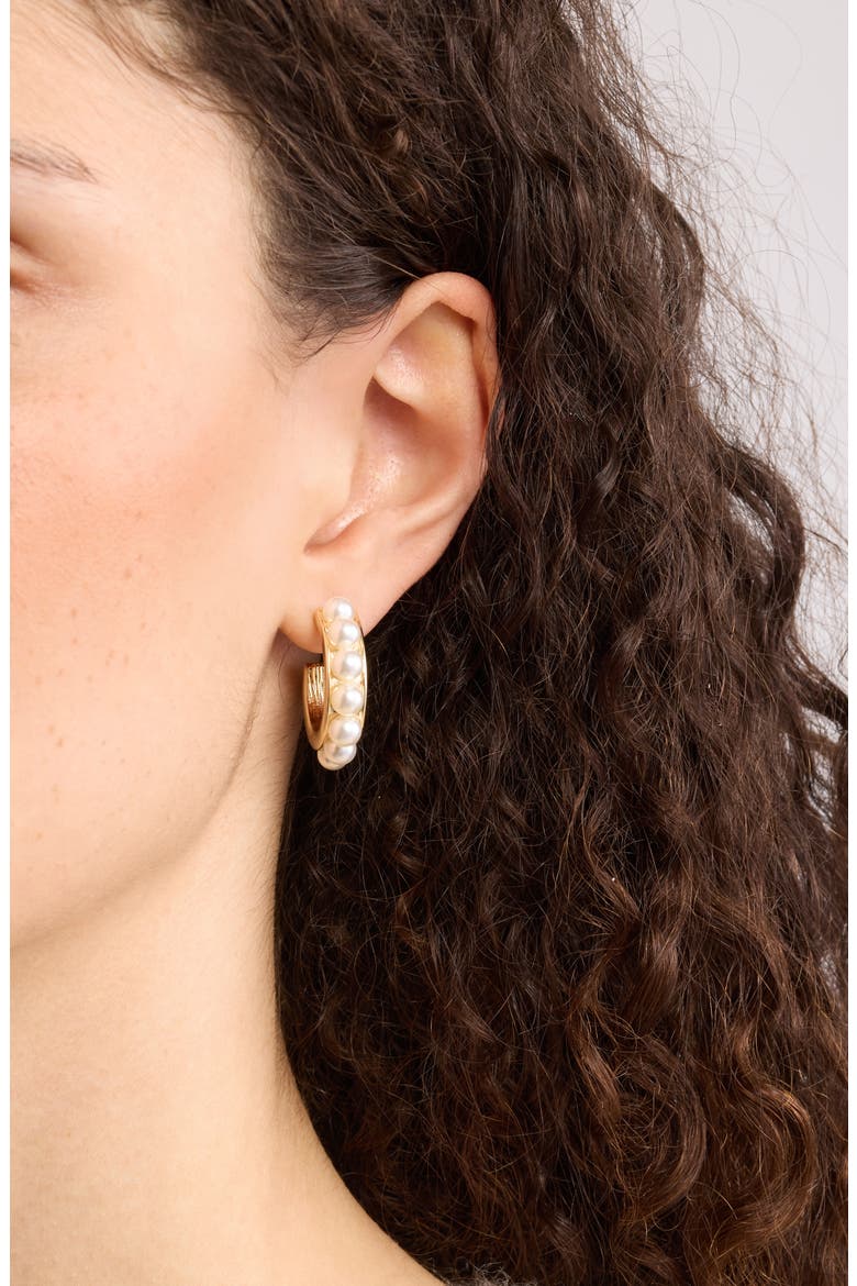 Channel Set Faux Pearl Hoop Earrings, Alternate, color, WHITE- GOLD