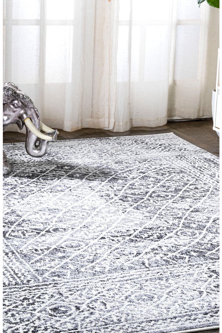 Iften Moroccan Geometric Distressed Area Rug, Alternate, color, Ivory/Black