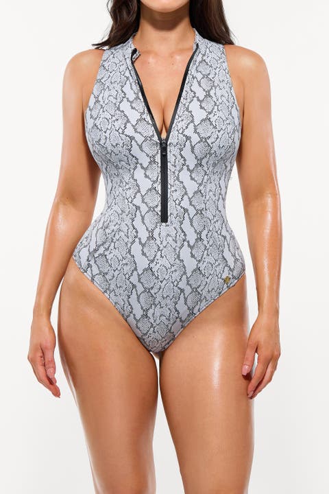 Zipper Front One-Piece Swimsuit with High Leg Cut