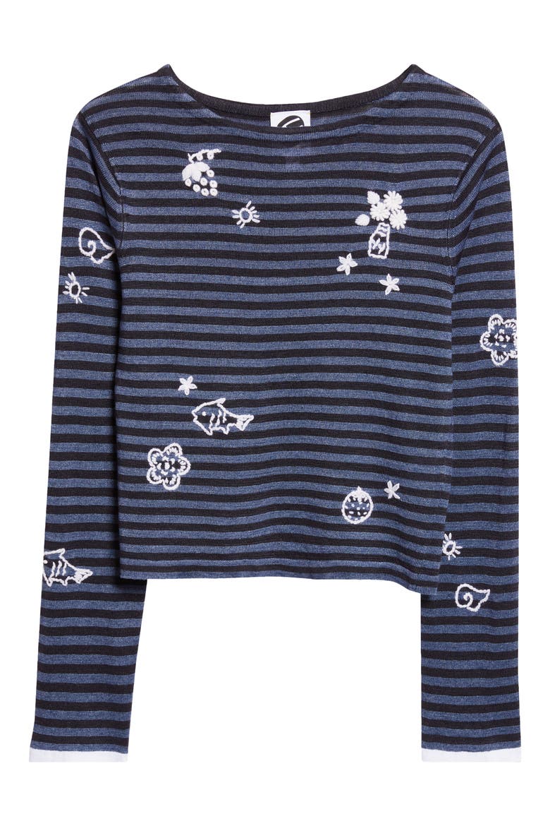 Mabo Embroidered Stripe Linen Sweater, Alternate, color, DENIM/ INK