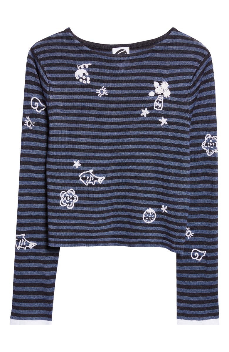 YanYan Mabo Embroidered Stripe Linen Sweater, Main, color, Denim/ Ink