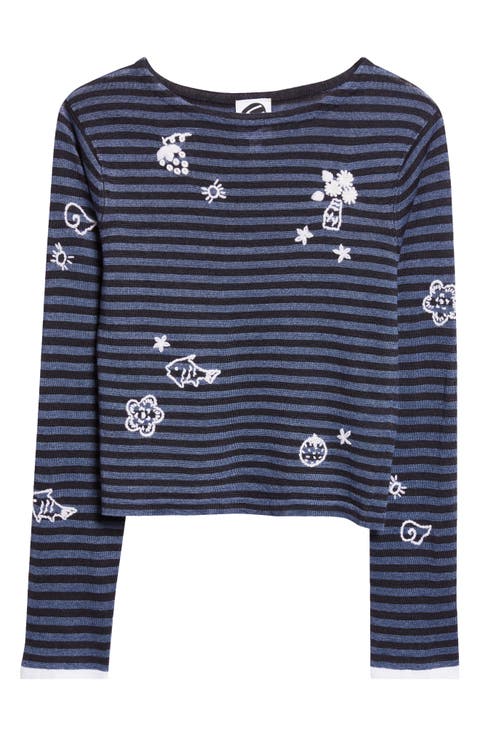 Mabo Embroidered Stripe Linen Sweater