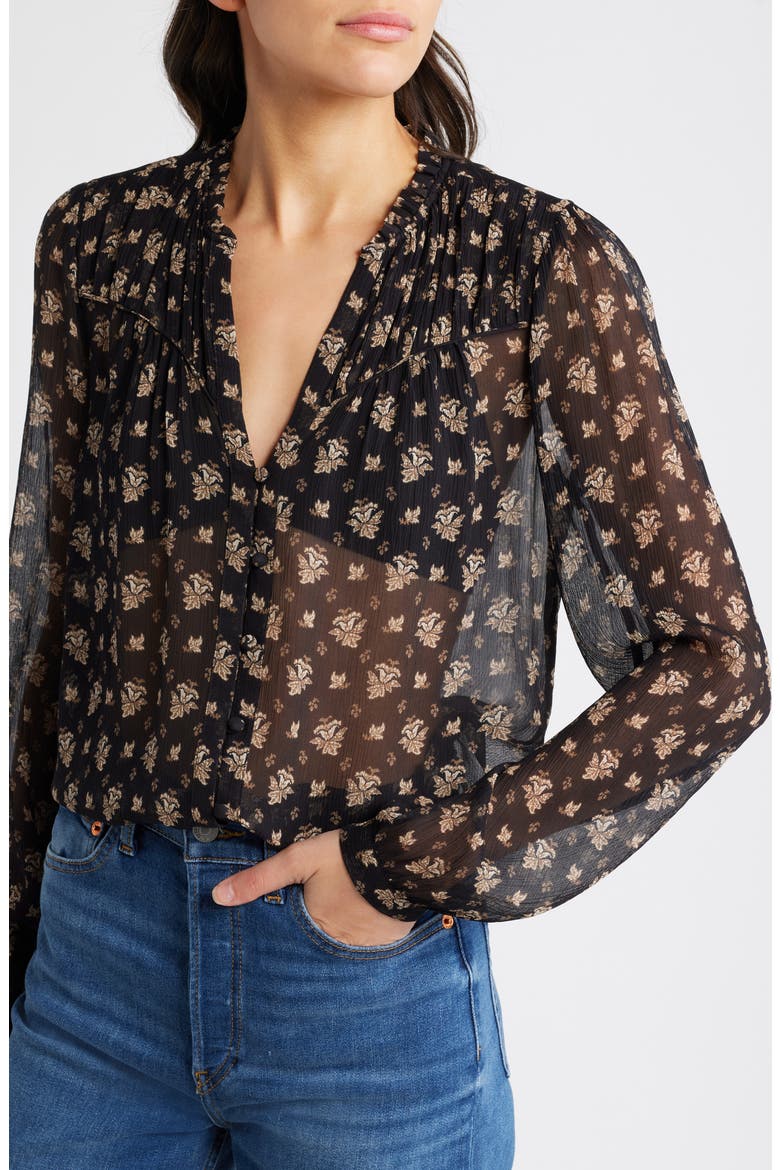 Monika Leaf Print Silk Button-Up Shirt, Alternate, color, BLACK MULTI