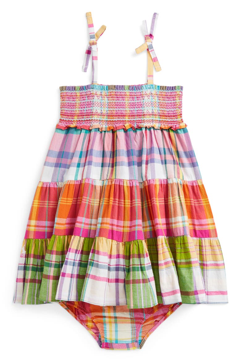 Madras Plaid Tiered Cotton Sundress & Bloomers, Main, color, MULTI