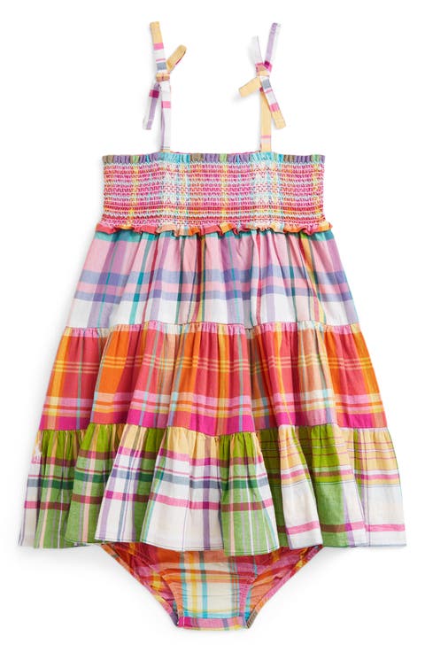 Madras Plaid Tiered Cotton Sundress & Bloomers (Baby)
