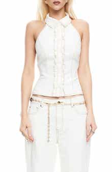 LIONESS Afterglow Ruffle Denim Halter Top