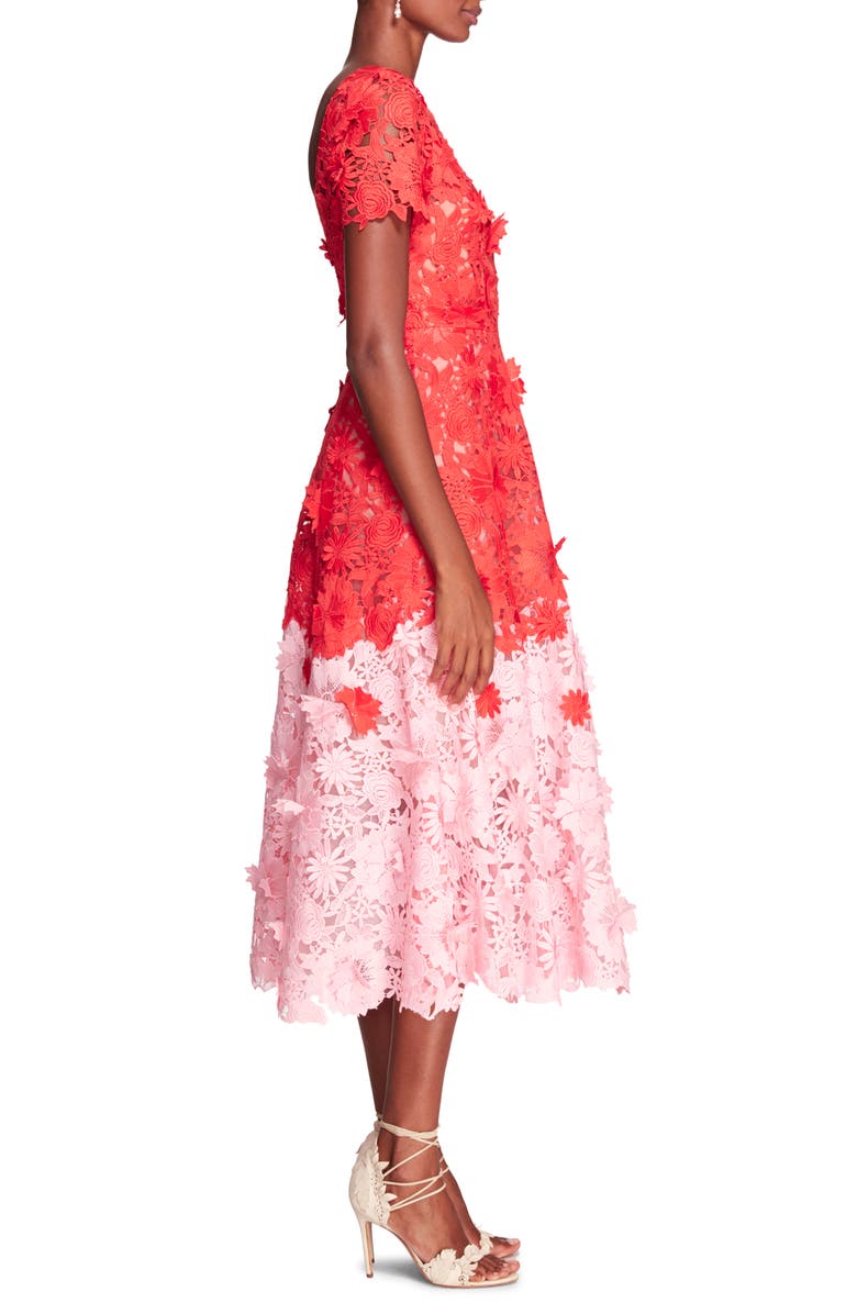 Marchesa Notte Daisies & Dahlia 3D Floral Guipure Lace Midi Dress, Alternate, color, 