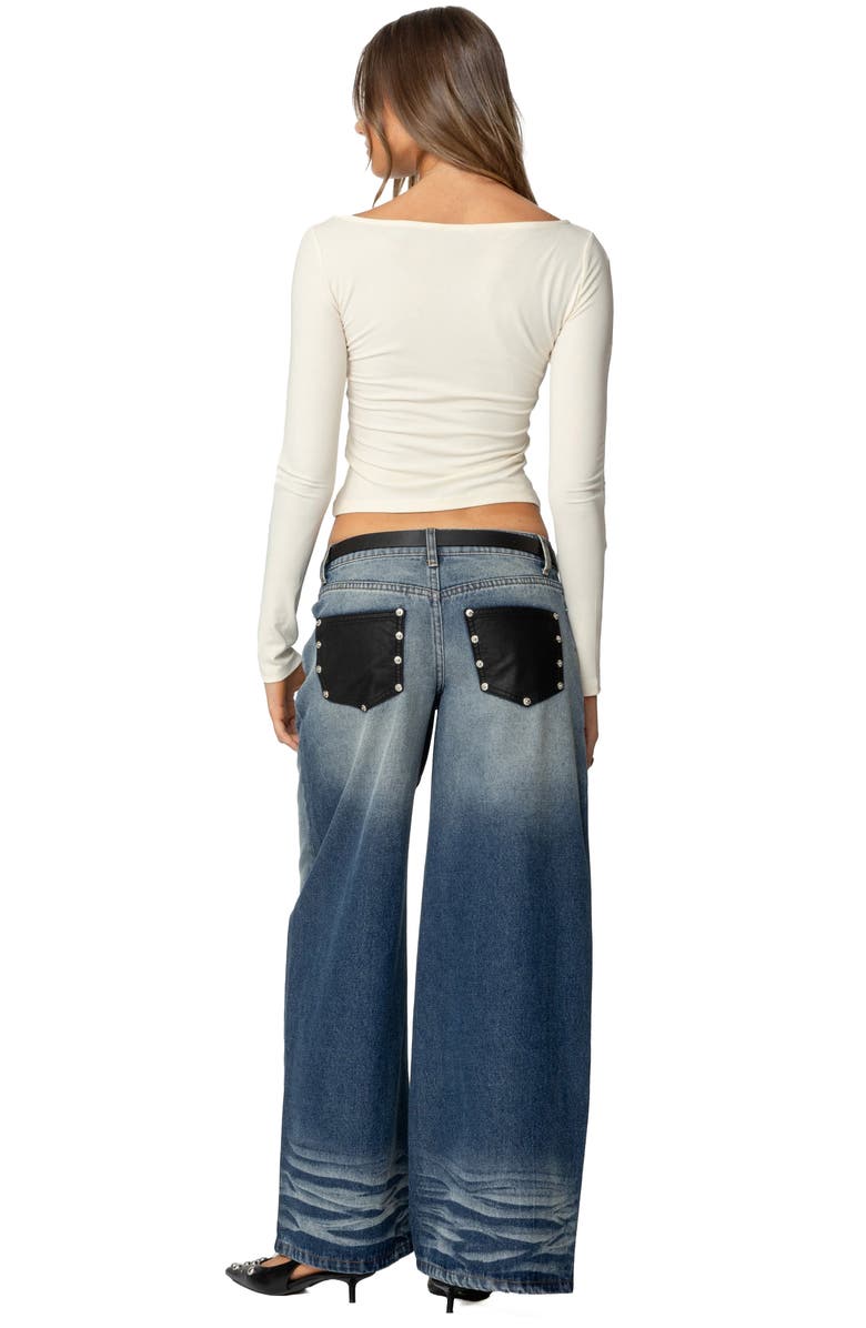 EDIKTED Faux Leather Pocket Low Rise Wide Leg Jeans, Alternate, color, Blue