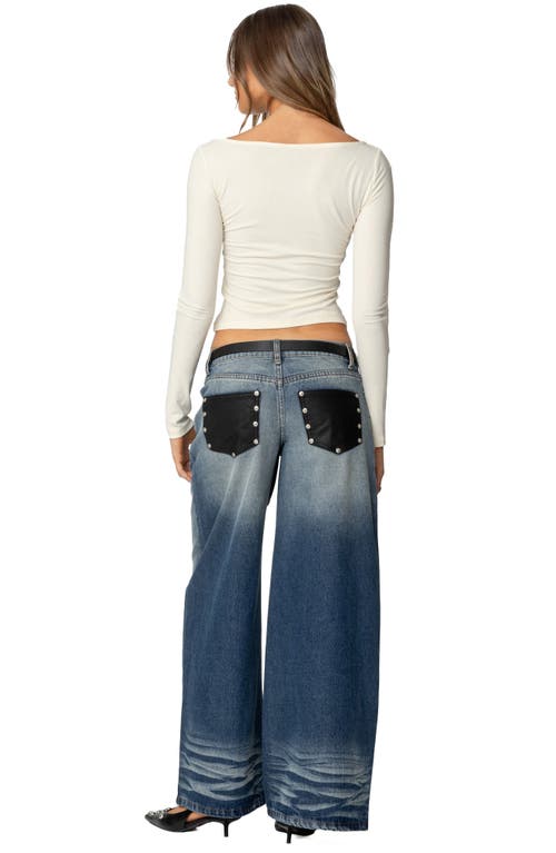 Shop Edikted Faux Leather Pocket Low Rise Wide Leg Jeans In Blue