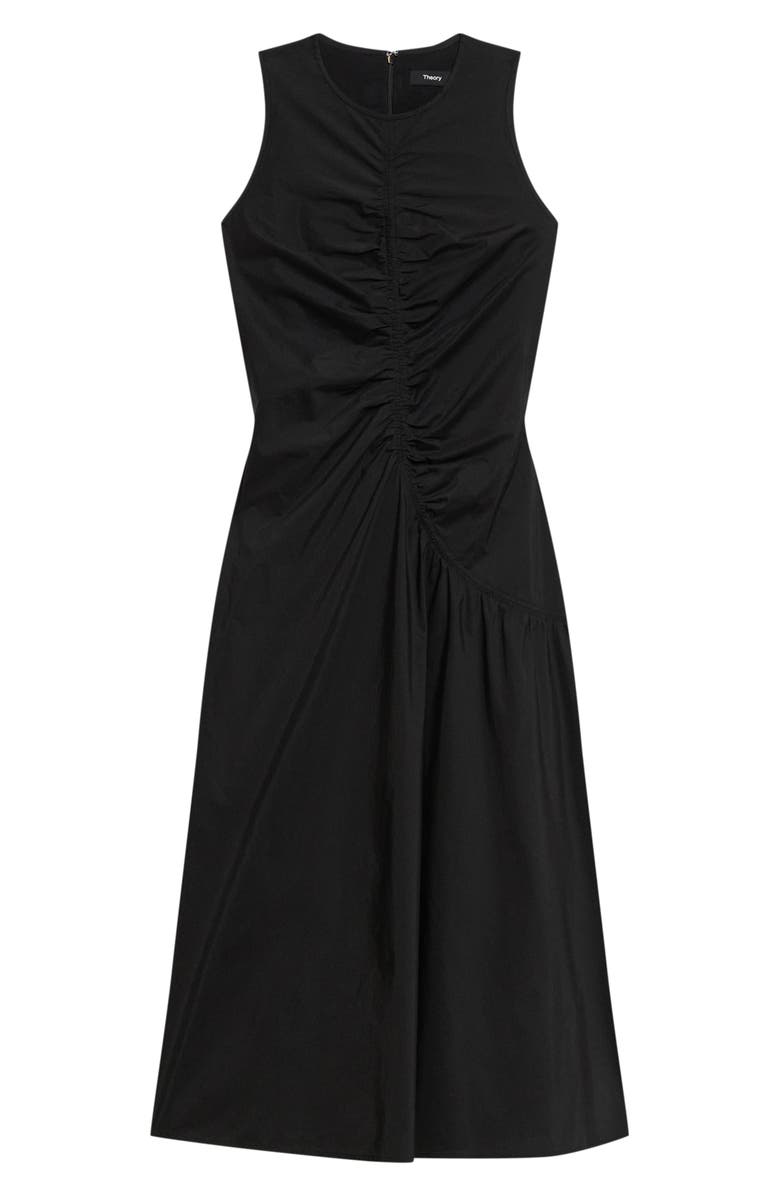 Theory Asymmetric Ruched Sleeveless Midi Dress, Alternate, color, Black